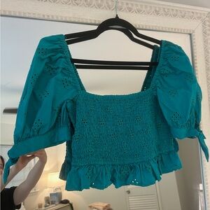 Zara Teal Smocked Blouse with Puff Sleeves